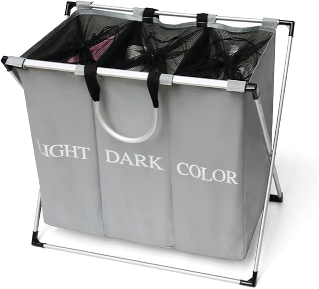 Cosaving Laundry Basket 3 Compartments Laundry Hamper Large Foldable Laundry Sorter Washing Basket for Bedrooms with Carry Handle and Aluminum Frame for Clothes Storage, Grey