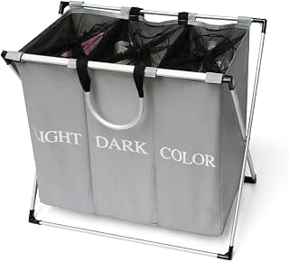 Cosaving Laundry Basket 3 Compartments Laundry Hamper Large Foldable Laundry Sorter Washing Basket for Bedrooms with Carry Handle and Aluminum Frame for Clothes Storage, Grey