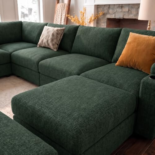 Image of Oversized Sectional Couches for Living Room Cloud Couch Chenille Sofa | Chaise Detachable Armrest Cushion FSC Certified U Shaped Convertible Modular Sleeper Sofa (Green, Large U Shape 8 Seat)