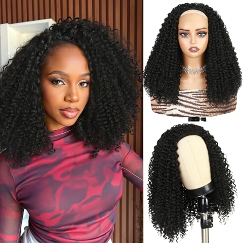quickwig Curly Half Wig Water Wave Glueless Wigs 3 In 1 Seamless Short Half Wigs for Black Women Kinky Curly Half Wig Wear it and Go Beginner Friendly Synthetic Headband Wig 16 Inch Black Color