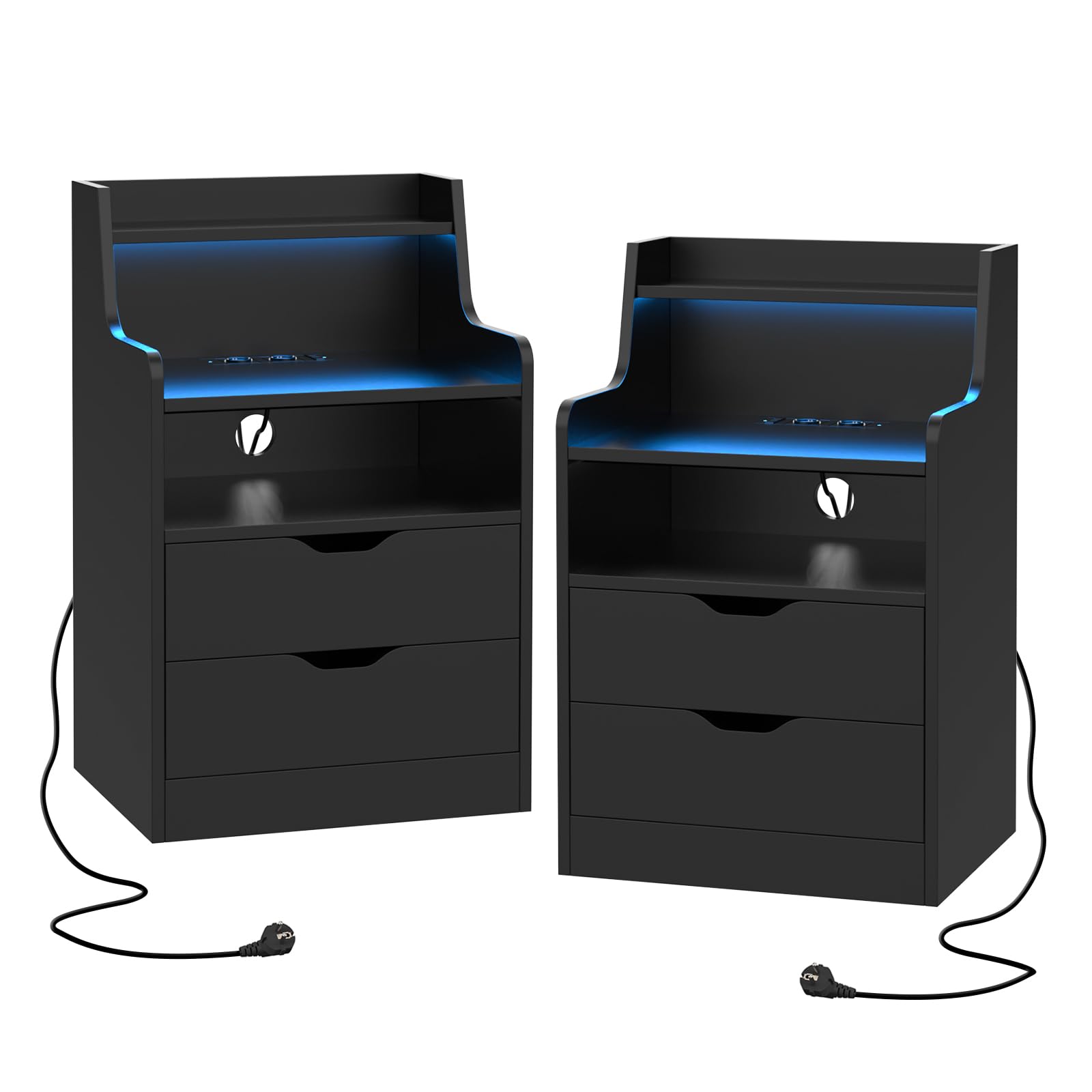 PIPIPOXER Juego de 2 mesitas de noche LED con enchufe, mesitas de noche negras con iluminación LED, mesitas de noche con 2 cajones y 2 compartimentos abiertos, mesitas auxiliares para dormitorio, 45 x