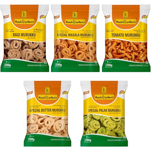 Image of KOZHIKODEN'S Assorted Murukku Combo Pack | 5 Flavors | Masala, Tomato, Palak, Ragi & Butter Murukku | 1 kg (Each 200g) | Authentic South Indian Snack | Fresh Chakli