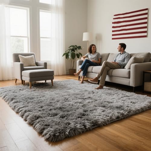 Area Rugs for Bedroom Living Room, 4x6 Soft Large Fluffy Fuzzy Shag Plush Furry Carpet, Soft Indoor Floor Mat for Kids Nursery Home Dorm Office Decor Aesthetic, Light Grey