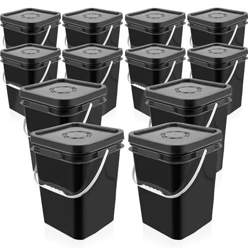 12 Pcs 5 Gallon Paint Bucket with Lid,Thickened Square Plastic Bucket Food Storage Container Industrial Buckets (with DIY Label Sticker Towel and Brush) for Paint Storage Barrels Garage Garden