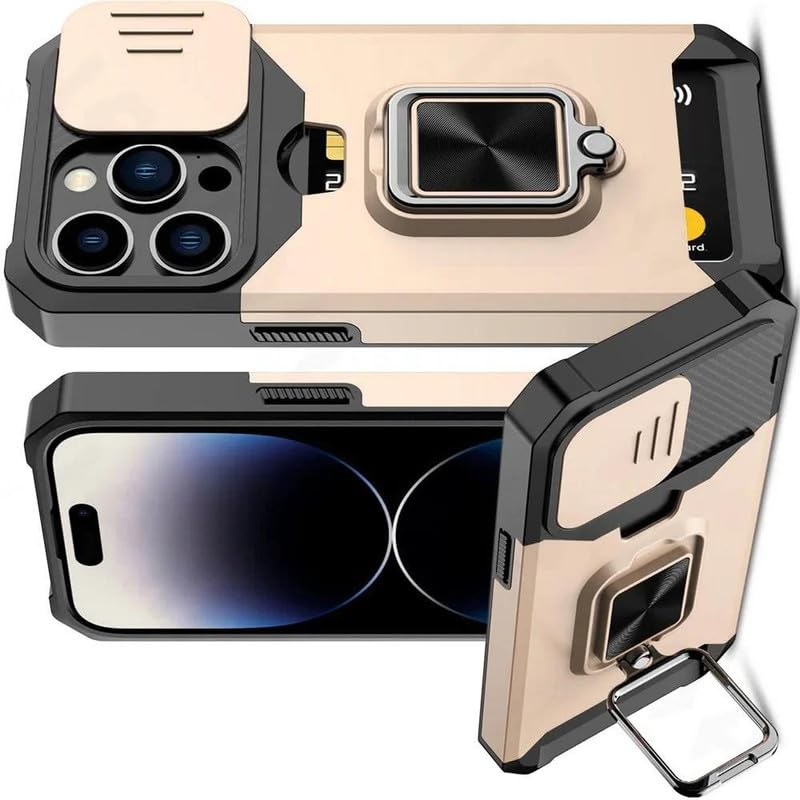 Image of LuxuryKase Shockproof Armor Case for iPhone 16 Pro Max | Slide Camera Cover | Hidden Card Slot | Rotating Ring Kickstand | Magnetic Car Mount Support | Military Grade Protection - Gold