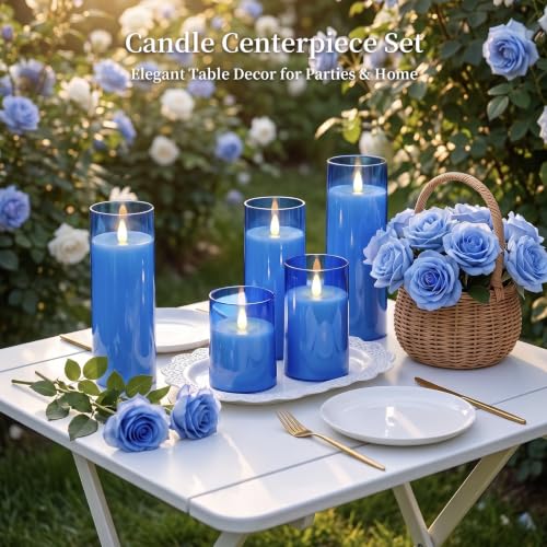 Image of Homemory Realistic Flickering Flameless Blue Candles with Remote & Timer | LED Fake Electric Pillar Candles Battery Operated for Home, Halloween, Christmas Decor, Set of 5