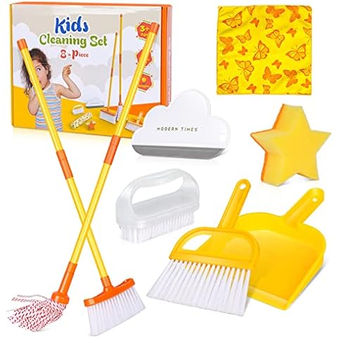 MASTERTOP Kids Cleaning Set, Pretend Play Set Include Mop, Broom, Dustpan, Brush, Cleaning Cloth, Sponge - Housekeeping Cleaning Tools for Boys Girls - Yellow Cover