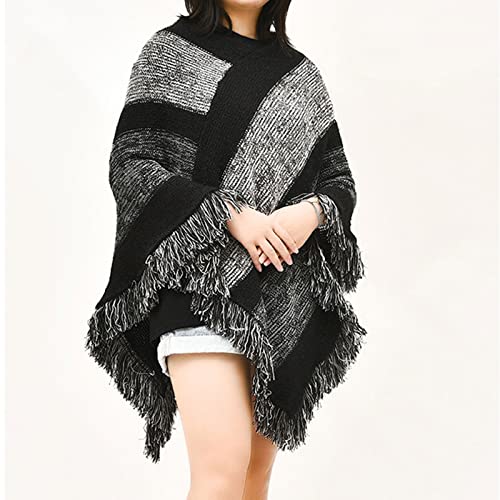 Striped Poncho Black Coat Open Front Poncho Shawl Wraps For Women Ponchos For Women Fashion Sweater (Black, One Size)2