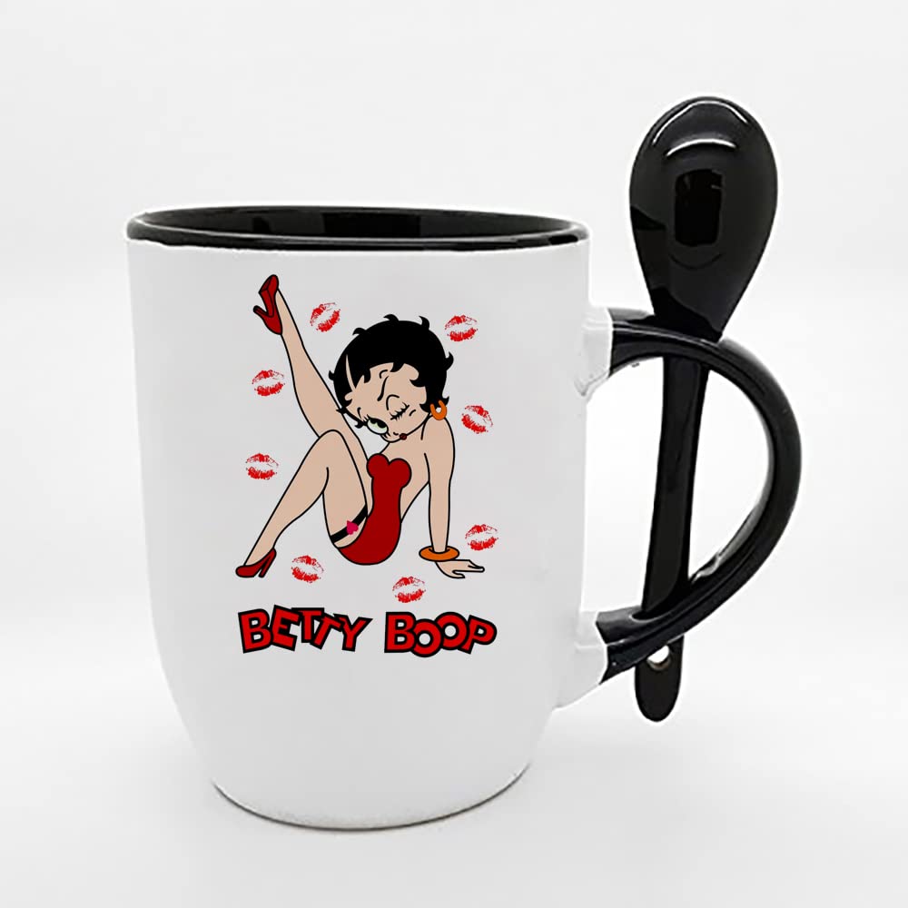Giftme Betty Cartoon Character Birthday, Christmas Coffee Tea Mug Unique Spoon Ceramic Mug. (Black Spoon)