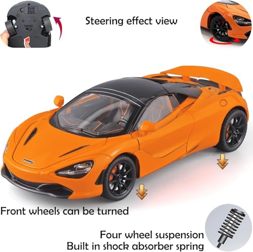 Image of 1:24 McLaren 720S Convertible Diecast Car | Alloy Metal Pull Back Toy Car with Openable Doors, Lights & Music | Model Car for Kids Boys Girls Gift & Collectors (Orange)