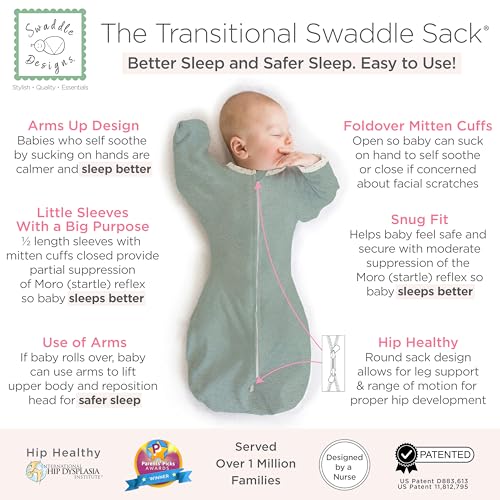 Image of SwaddleDesigns Transitional Swaddle Sack, Arms Up Half-Length Sleeves & Mitten Cuffs, Most Gradual Transition Swaddle for Newborns to Sleep Sack, Small, 0-3 mo, 6-14 lb, Watercolor Mountains & Trees