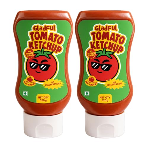 Image of Gladful Tomato Ketchup for kids | 33% Concentrated Tomato Paste | No Refined Sugar | No Preservatives | Sweetened with Kachi Khand | Kids Tomato Sauce | Sandwich, Fries & Snacks Dip | (2 packs x 320g)