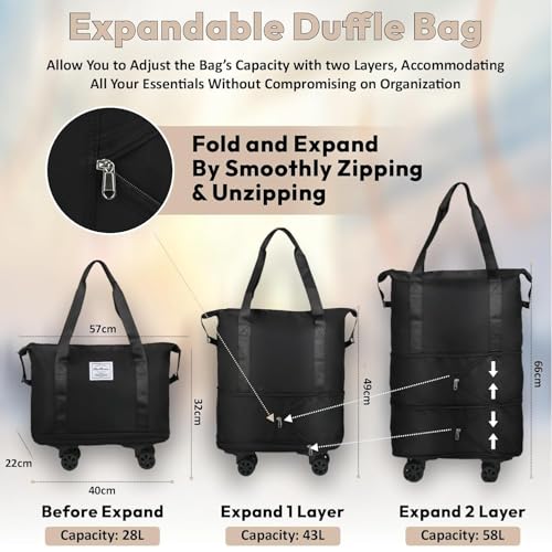 Image of Rolling Duffle Bag with Wheels, Expandable Foldable Travel Duffle Bag with Telescopic Handle, Portable Wheeled Luggage Bag for Travel, Lightweight Foldable Suitcase Bag for Men & Women (Black)