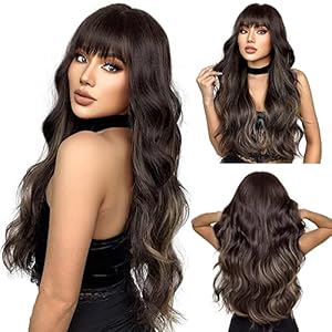 Esmee Peluca Larga Ondulada Marrón con Mechas para Mujer Peluca de Pelo Natural Sintético Resistente al Calor para Uso Diario en Fiestas Cosplay