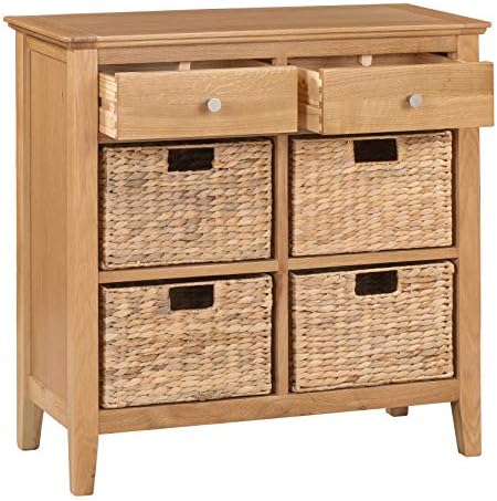 Hallowood Furniture Hereford Storage Sideboard In Light Oak Finish - Wooden Cabinet with 2 Drawers and 4 Wicker Baskets  Console Table with Storage for Hallway & Bedroom - Chest of Drawer Living Room