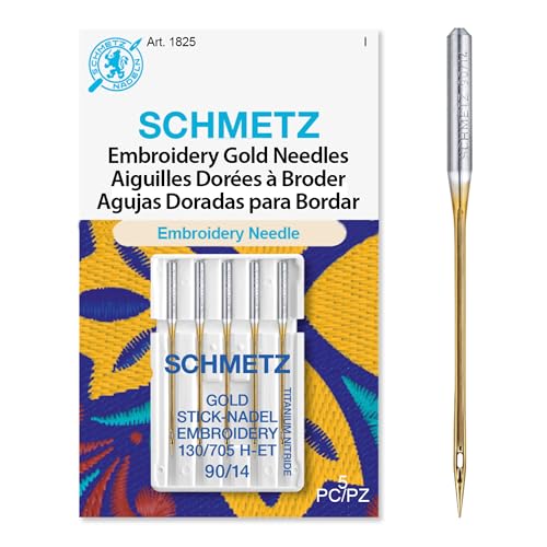 SCHMETZ Gold Embroidery Sewing Machine Needles - Titanium Coated for Smooth Stitching, Size 90/14, 5-Needle Cards, Pack of 1