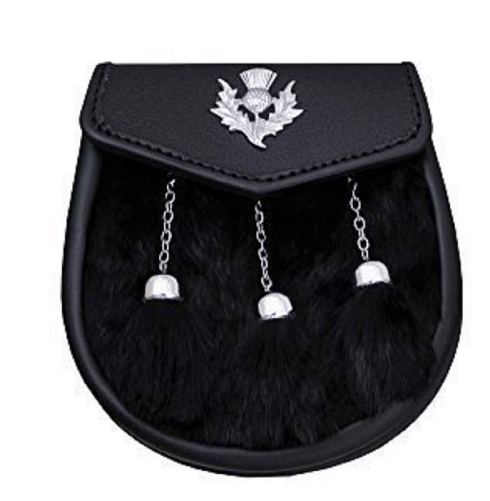 SHYNE KILTS U.K KILT SPORRAN THISTLE CREST BLACK 3 TASSLES CHROME SEMI DRESS SPORRAN
