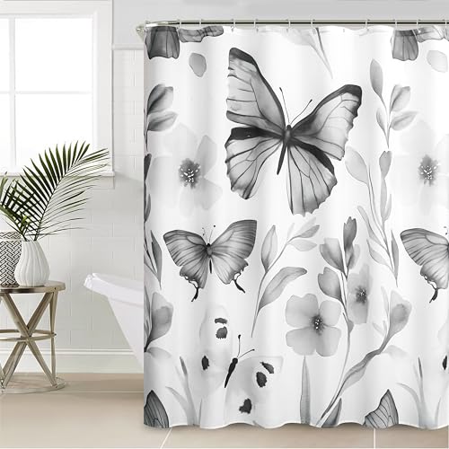 Jovuais Shower Curtain Grey Butterfly Shower Curtains Set for Bathroom Dcor Fresh Watercolor Flowers Fabric Shower Curtain Waterproof with Hooks 72x72 Innch