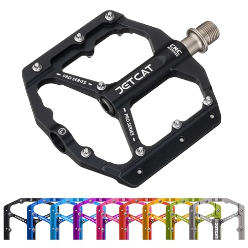 JETCAT Mountain Bike Pedals Flat - MTB Pedals Flat, Bicycle Pedals, Road Bike Pedals, BMX Pedals, for BMX MTN Road Gravel EBike, Specialized Parts, Adults, Aluminum Metal Stamp 9/16' Black