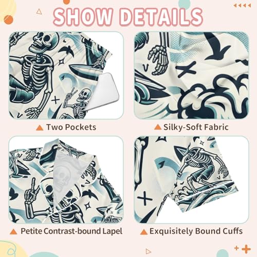 senya Skeleton Catches A Wave Satin Summer Pajama Sets Silk Short Sleeve Button Down Sleepwear3