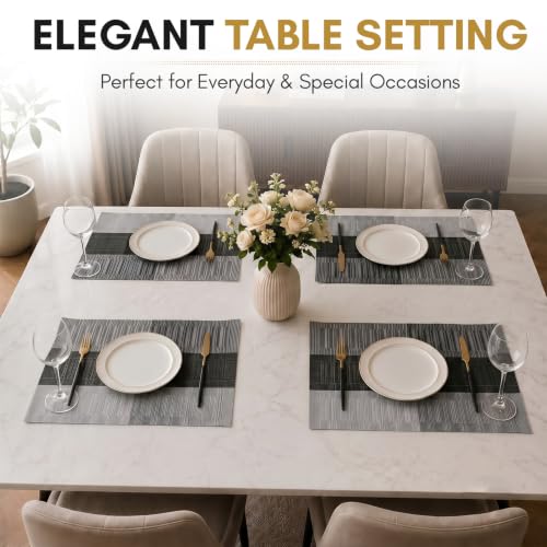 Image of Solitude Set of 6 Dining Table Placemats | Non-Slip PVC Table Mats, Heat Resistant, Washable, Stain-Resistant Surface, (Silver & Black, 45 x 30 cm)