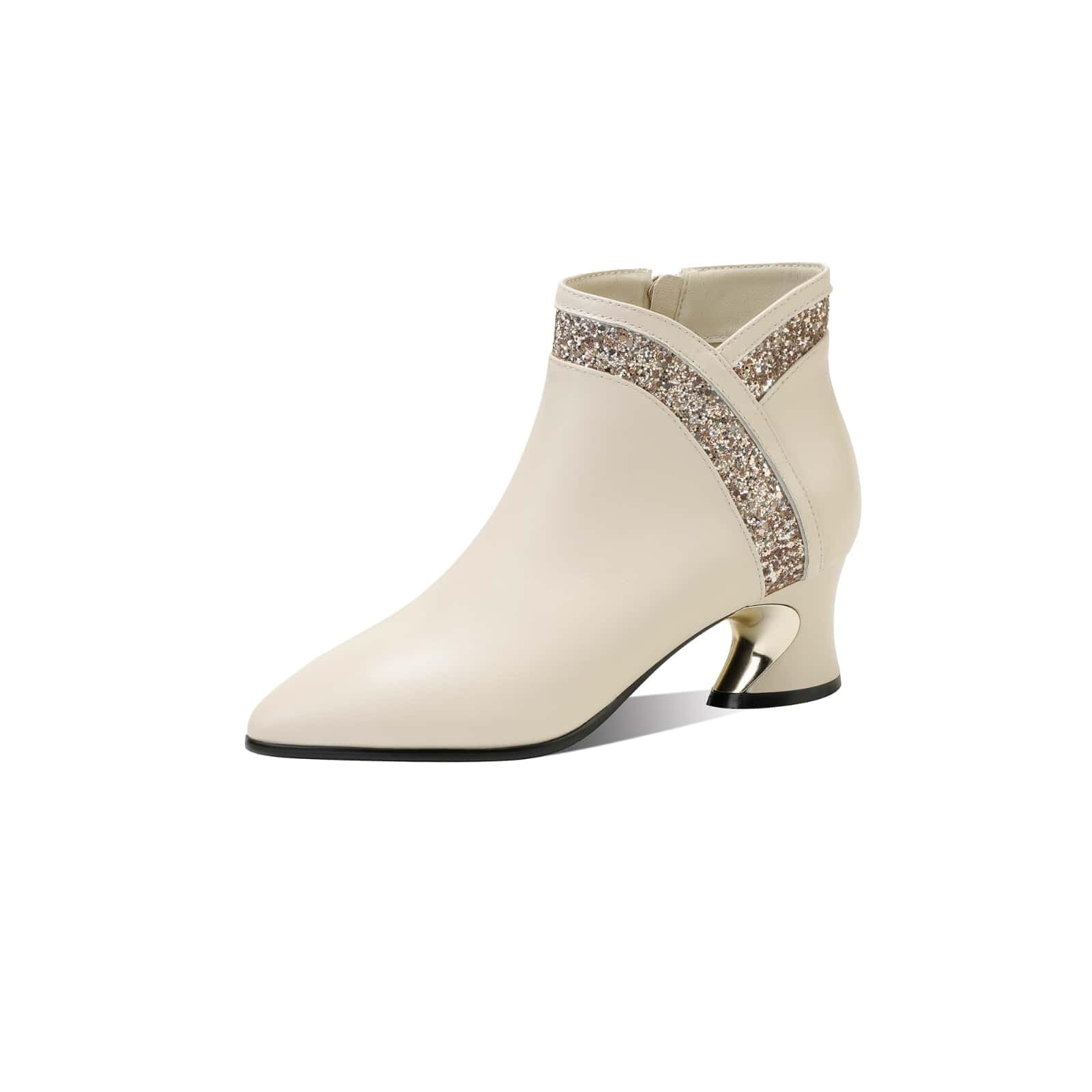 TinaCus Womens Leather Ankle Booties Handmade Sequins Side Zipper Pointed Toe Chunky Heel