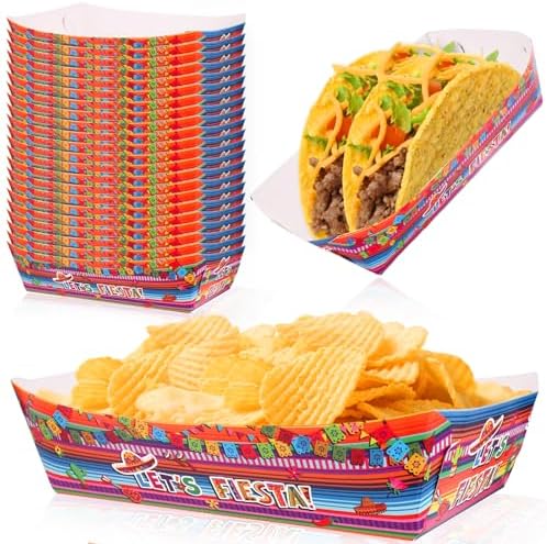 Mexican Nights Taco Trays, 48 Pcs Mexican Nacho Popcorn Food Boat Disposable Serving Basket Plates for French Fries Snack Hot Dog BBQ Birthday Carnival Fiesta Party Supplies
