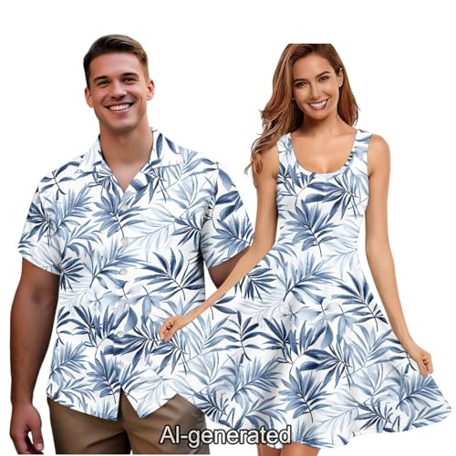 Image of Dreaweet Summer Dresses for Women A-Line Sleeveless Flowy Sun Dresses,Men's Casual Button-Down Shirts,Couple Matching Outfits
