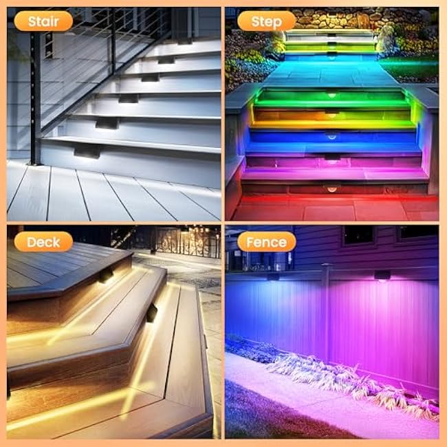 Solar Step Lights for Outside 2 Pack ÿ 11 Modes (Fixed/Fade/Flash) RGB Color Changing, IP68 Waterproof, 180¡« Wide-Angle Solar Stair Lights, Dusk to Dawn Deck Lights for Fence Yard Patio Porch