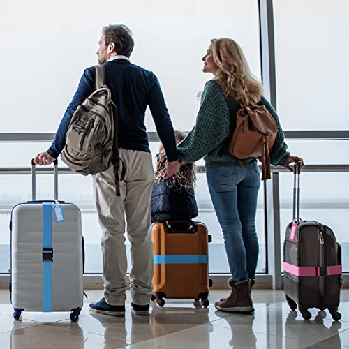 Flintronic 4 stuks premium bagageriem, kofferriem, instelbaar, antislip, bagageband, lange kofferbanden, bagageriem + 2 stuks kofferaanhanger, veilig reizen voor koffer, roze + blauw - Image 8