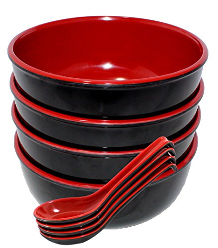 Chef Miso Set of 4 Melamine Noodle Soup Bowls and Spoons - Red and Black 12 Ounce