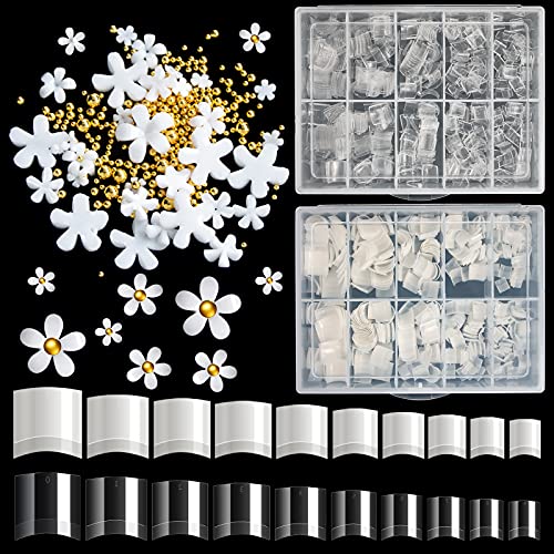 Buqikma Short Nail Tips with White Flower Decoration, 1000PCS Short French Square Tips for Acrylic Nails with 3D Nail Art Charm Decoration for Salon and DIY Manicures