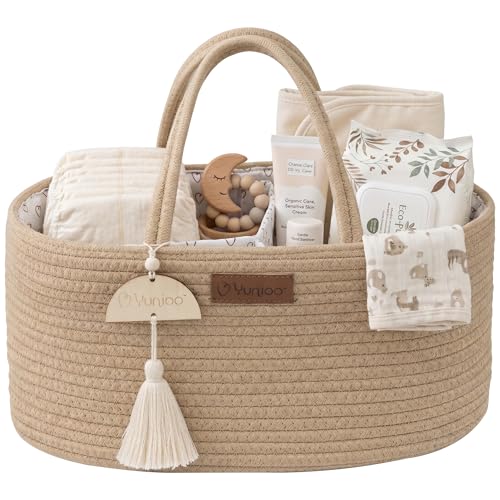 Image of Yunioo Baby Diaper Caddy Organizer, Portable Nursery Storage Basket with Sturdy Handle Diaper Caddy Basket, Car Caddy for Diapers and Baby Wipes, Newborn Essentials