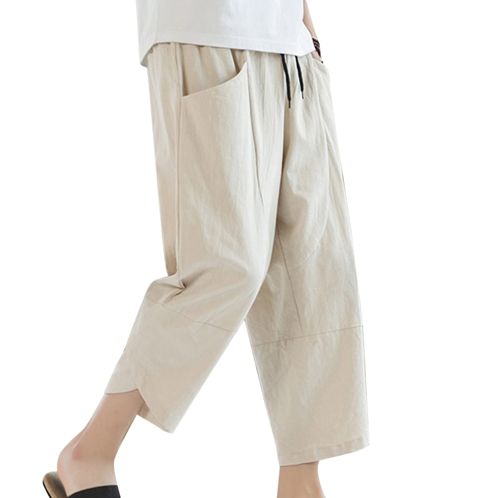 Mens Cotton Linen Drawstring Elastic Waist Casual Jogger Pants Mens Baggy Casual Pants Cotton Linen Harem Pants Men
