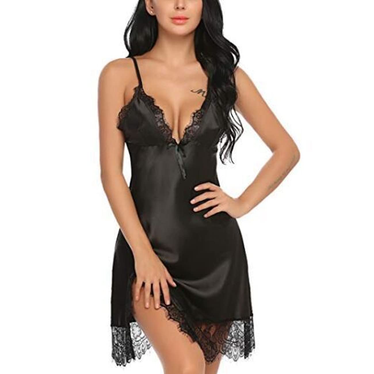 QKEPCY Camisón Sexy Satén para Mujer Camisola Dormir con Cuello en V con Correas Ajustables Encaje Pijama con Separación Lateral Ropa de Dormir para Novia