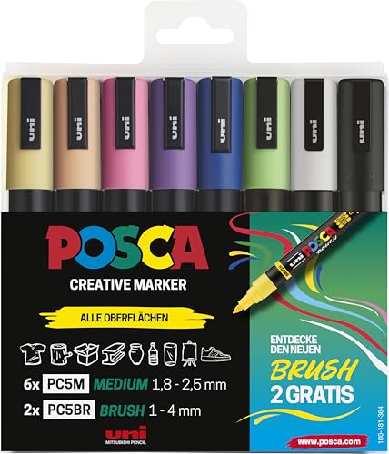 POSCA 186836 - Set de rotuladores POSCA, 8 rotuladores acrílicos, rotulador permanente PC-5M y rotulador pincel PC-5BR