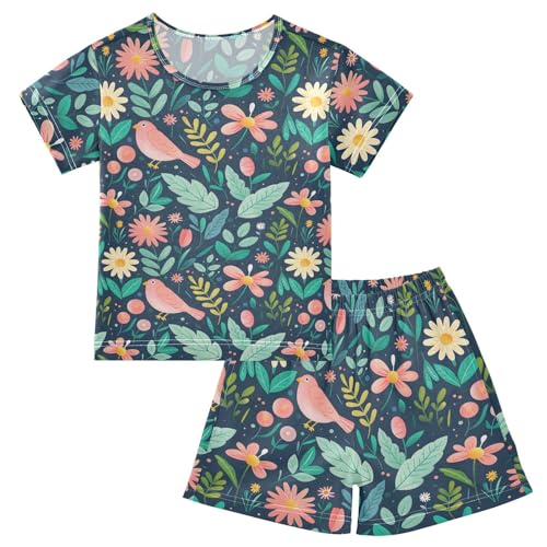ALAZA Bird Leaves Flower Floral Pajamas Short Sleeve 2 Piece Sleepwear Top and Bottom Pajama Set Unisex