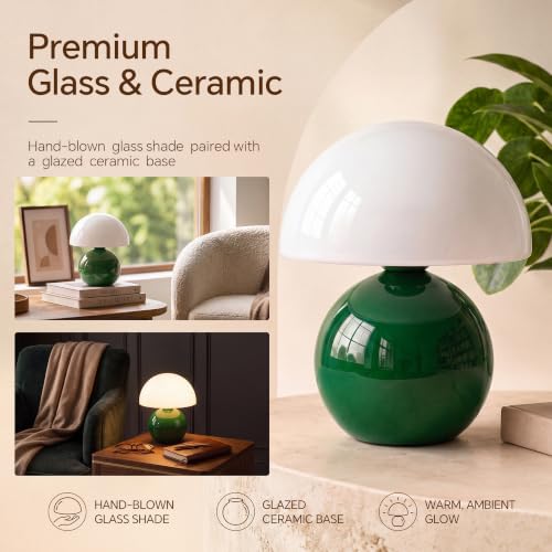 Image of Dawnwake Mushroom Lamp Table Lamp for Bedroom-Small Table Lamps,Dark Green | 8.7 inch Mid Century Modern Table Lamps for Living Room Bedroom Decor,Cute Ceramic Lamps for Mushroom Home Room Decor,Glass Shade