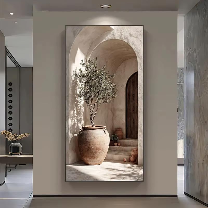 XIANGPEIFBH Grande toile imprimée rétro représentant un olivier en pot, style méditerranéen, idéale pour décorer un salon ou une maison 100x200cm/39x79in Sans cadre