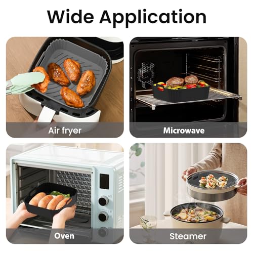 Redfly 2 Pack Silicone Air Fryer Liners, Square Reusable Non-Stick Basket Inserts for 4-5 QT Air Fryers, Dishwasher Safe Parchment Paper Replacement Accessories Gray & Black