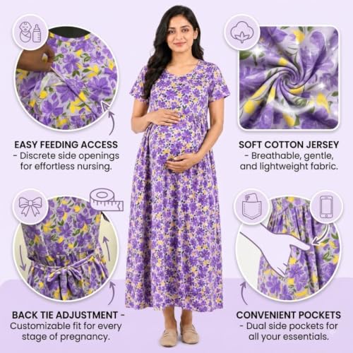 Image of Zero Clothing Feeding Dress for New Moms Casual Loungewear Ankle Length | Cotton Maternity Nighty | Zipless Feeding Dresses for Women | Pregnancy & Nursing Wear