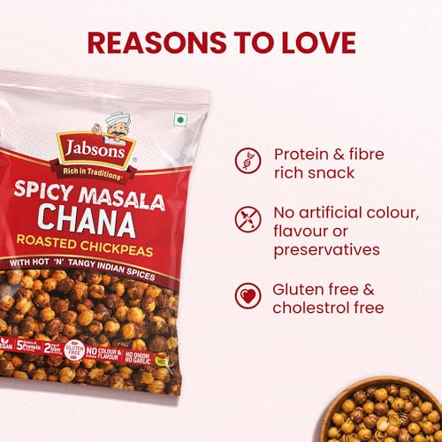 Image of Jabsons Roasted Chana Spicy Masala, 150g | Protein-Rich Healthy Namkeen | No Onion No Garlic | Gluten-Free Roasted Chickpeas | Ready to Eat Masala Chana Snack