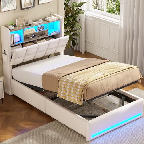 AOGLLATI Lit Coffre 90x200 avec Multiprise et Éclairage LED Réglable, Lit Simple 90x200 avec 5...