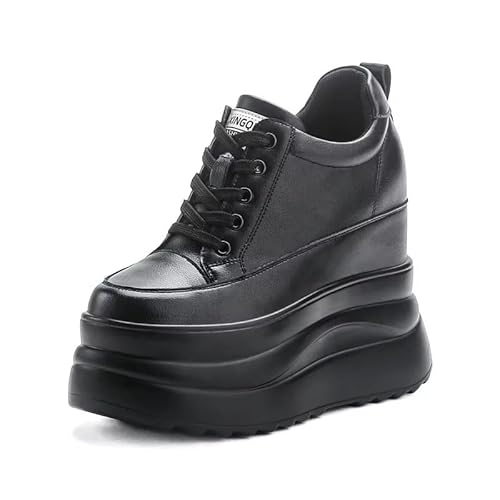 JYSGYLT 5 inch Black White Platform Sneakers for Women- 8cm Chunky Sole 5cm Hidden Wedge Heel-Leather Chunky Platform Shoes for Female Footwear