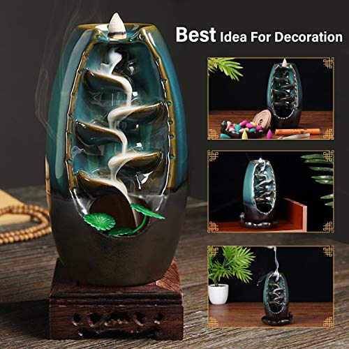 Jeteven Ceramic Backflow Incense Holder Waterfall Incense Burner with 120pcs Incense Cone, 30 × Incense Sticks, 10 × Round Incense Sticks, 1×Mat, 1× Incense Plate, 1× Lotus Leaf, 1× Tweezers (Blue) - Thumbnail 4