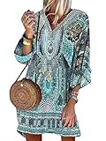 Design: damen strandkleid boho tunika sommerkleid v-ausschnitt blumenkleid loose t-shirt kleid floral minikleid