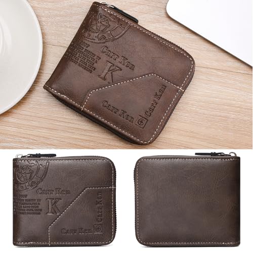 Image of Mens wallet Leather wallet men Wallet Zipper RFID Bifold Wallet for Men ID card Window Credit Card Coin Photo Multifunction Card Slots Gift for Him,Light Brown