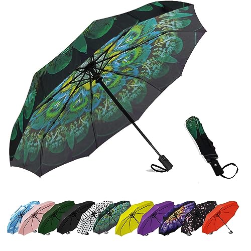 Image of SIEPASA Windproof Travel Compact Umbrella-Automatic Umbrellas for Rain- Folding Umbrella, Travel Umbrella Compact, Small Portable Windproof Umbrellas for Men Women Teenage. (Green Peacock)