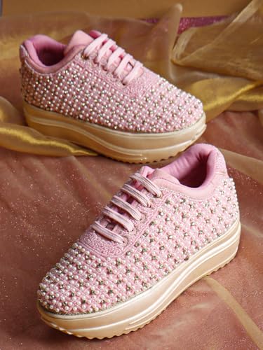 Image of Vendoz Women Hand Embroidery Wedding Party Bridal Floral High Heel Sneakers I Cushioned Insole I Comfortable Wear Wedge Shoes I for Ladies and Girls