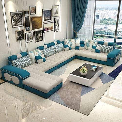 Woodsfreak U Shape Premium Comfort & Stylish Designer 9 Seater Sofa Set with 4 Puffy Stools for Your Living Room/Office/Dining Room/Hall (Color - Multi) Pack of 1-image-38